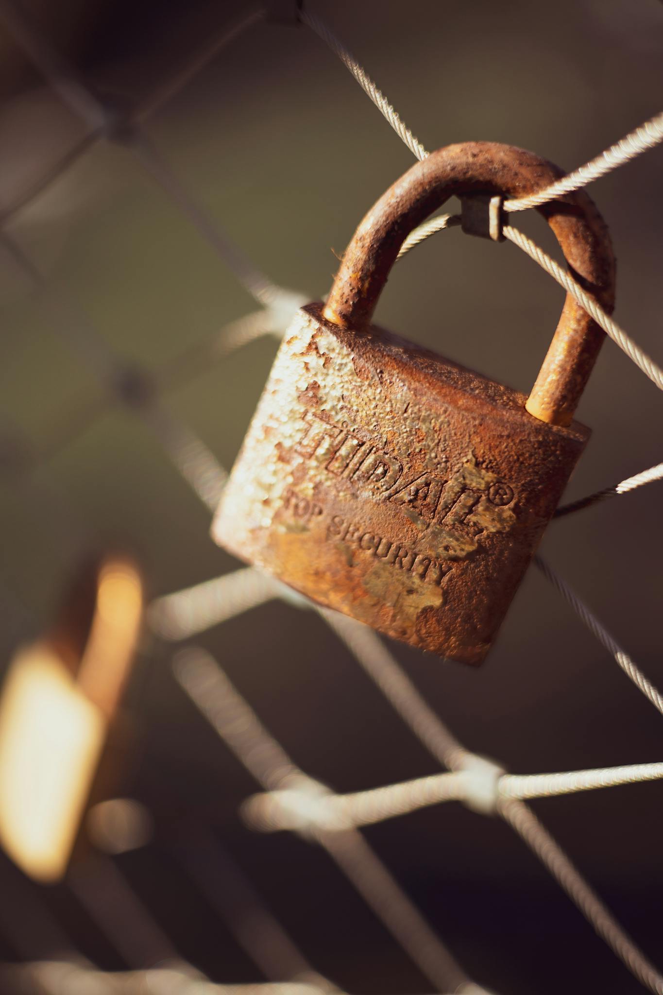 Close-up shot of a rusty padlock hanging on a wire fence, symbolizing security and time.